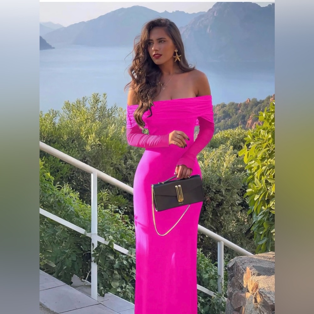 REORIA Off Shoulder Elegant Sexy Stretch Mesh Double Line Slim Trendy Long Dress